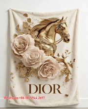 Dior Golden Horse Rose Flannel Sofa Throw Blanket D044